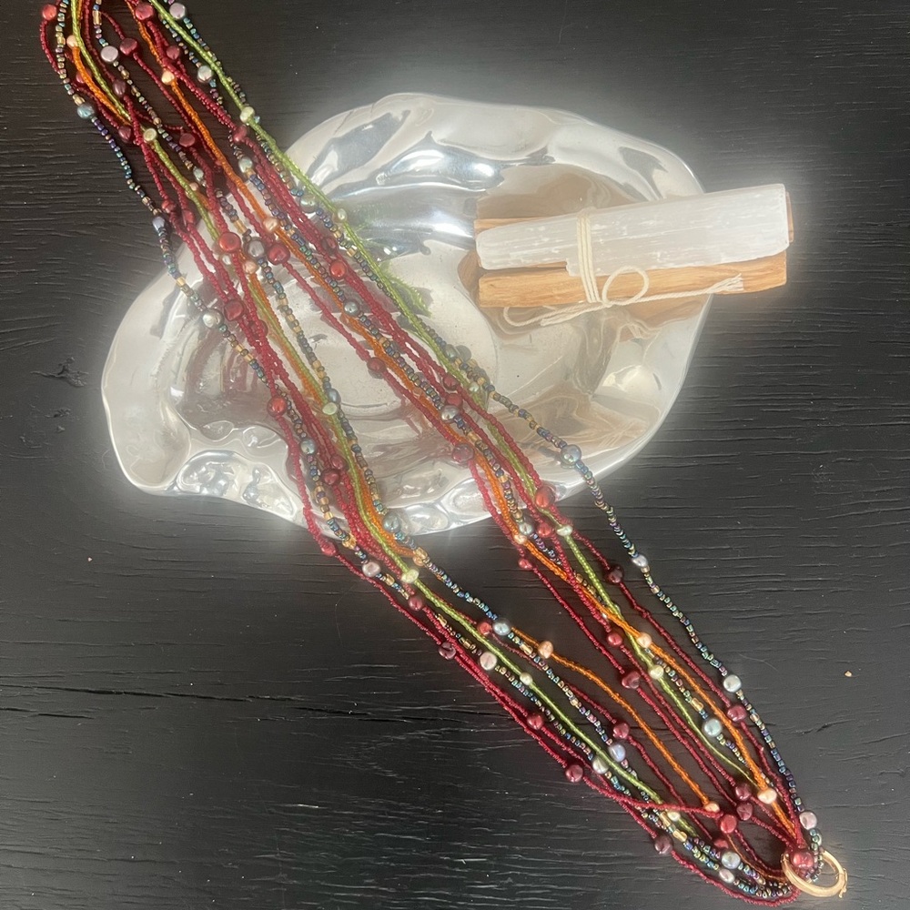 Multi-Color Seven Layered Seed Bead Necklace — Red & Green